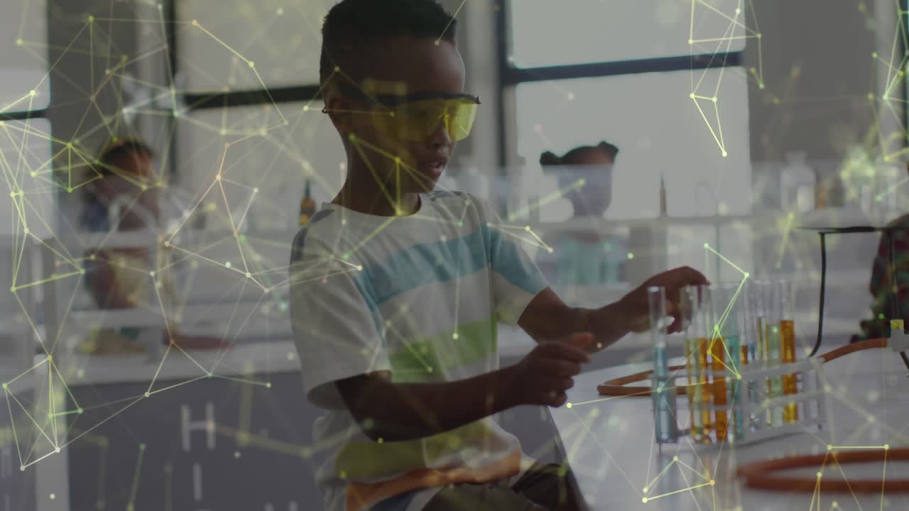 Animation of networks moving over happy african american schoolboy working in chemistry class