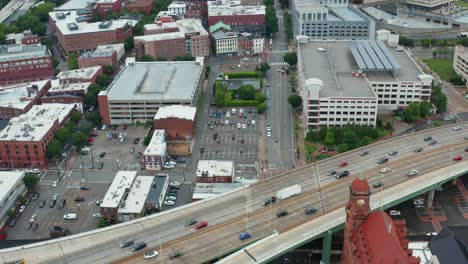 aerial of urban city and highway bridge interstate infrastructure