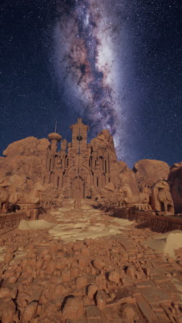 un castillo de fantasía en el desierto bajo la vía láctea