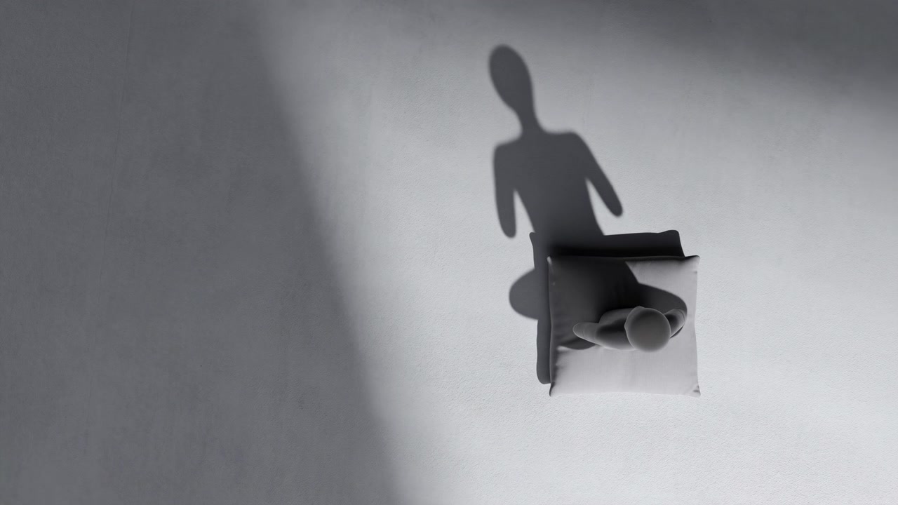 Minimalistisk oversiktsbilde som viser en mannekenglignende figur sittende på en polstret stol nær øvre høyre område, som sakte justerer holdningen fra en lett helling mot mer.