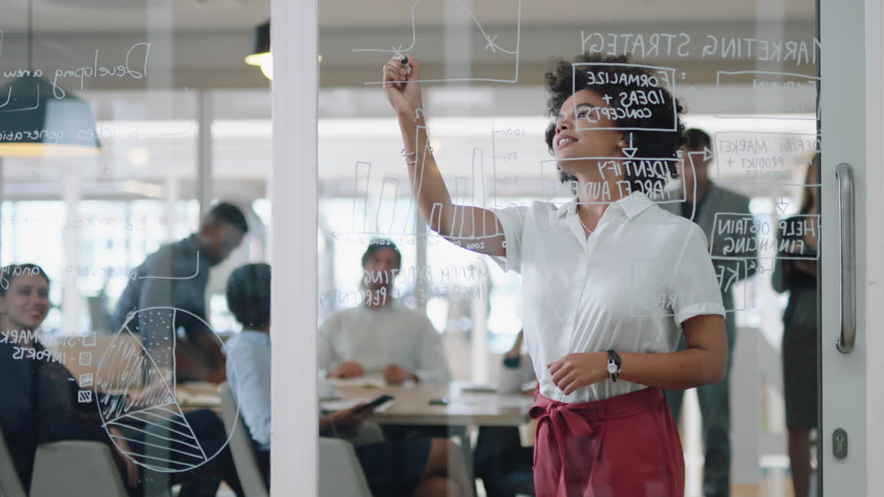 joven mujer de negocios de raza mixta escribiendo en una pizarra de vidrio líder de equipo entrenando a colegas en reuniones lluvia de ideas estrategia de resolución de problemas compartiendo ideas en la oficina seminario de presentación 4k
