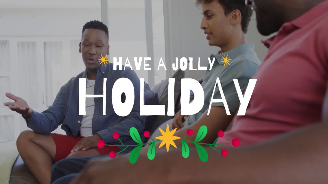 Have Jolly Holiday text animation over people sitting and talking in living room