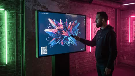 exploring digital art: a man interacts with a dynamic multimedia display in a modern, colorful environment highlighted by neon lights