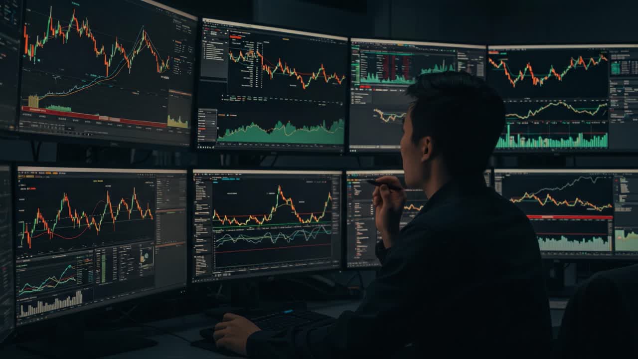 Focused Trader Analyzing Market Trends Across Multiple Monitors, Engaged in Serious Decision-Making Process in a Modern Trading Environment, Surrounded by Comprehensive Data Visualizations