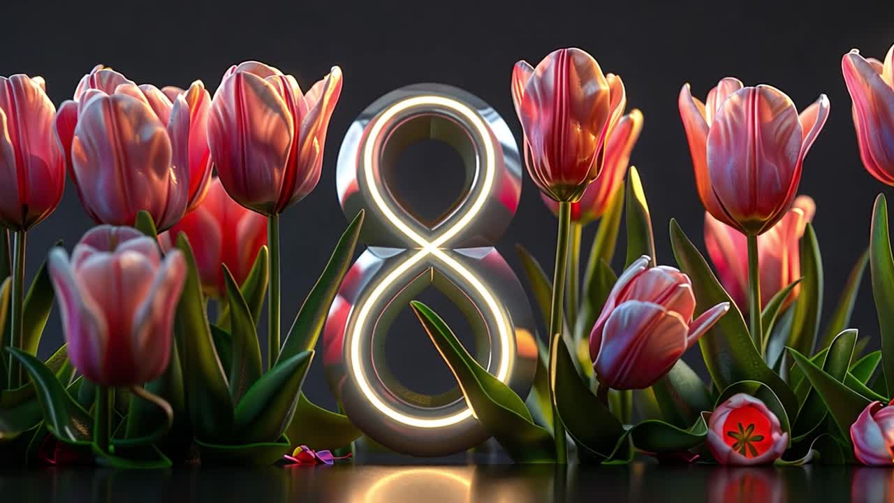 International Women's Day with Glowing Number 8 and Tulips