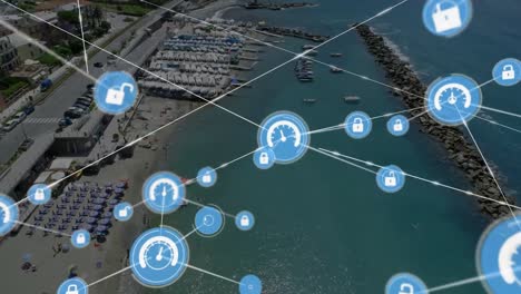 animation of network of connections with icons over marina for boat