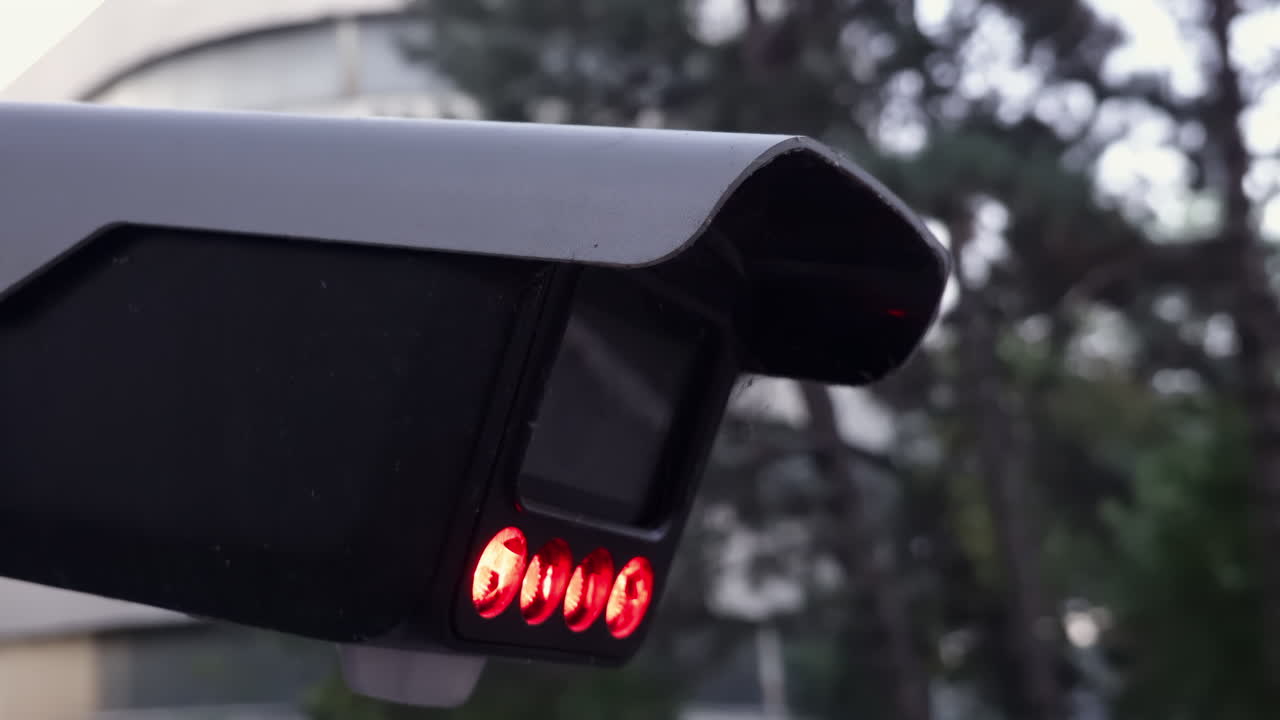 Primer plano de una cámara de seguridad con luces rojas infrarrojas brillantes y un fondo difuminado