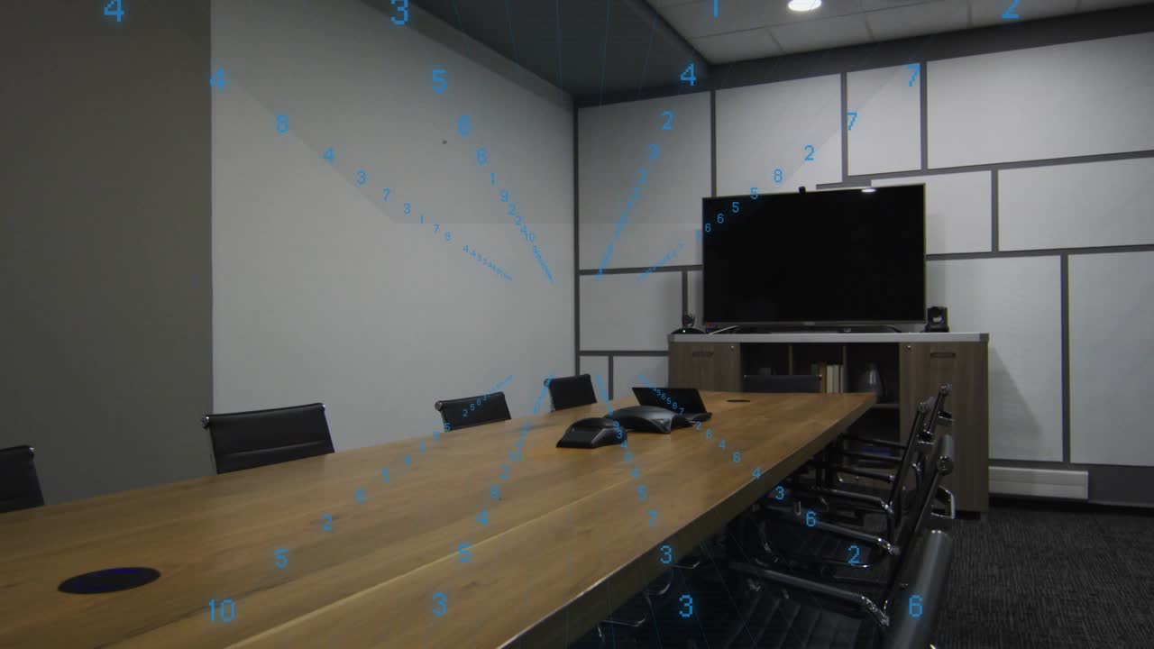 Translucent numeric overlay appearing and scanning wooden conference table for spatial mapping