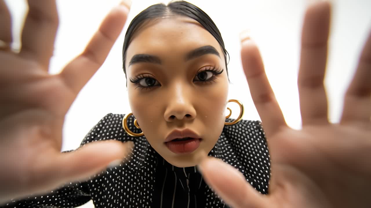 Young asian model reaching towards camera in slow motion montage