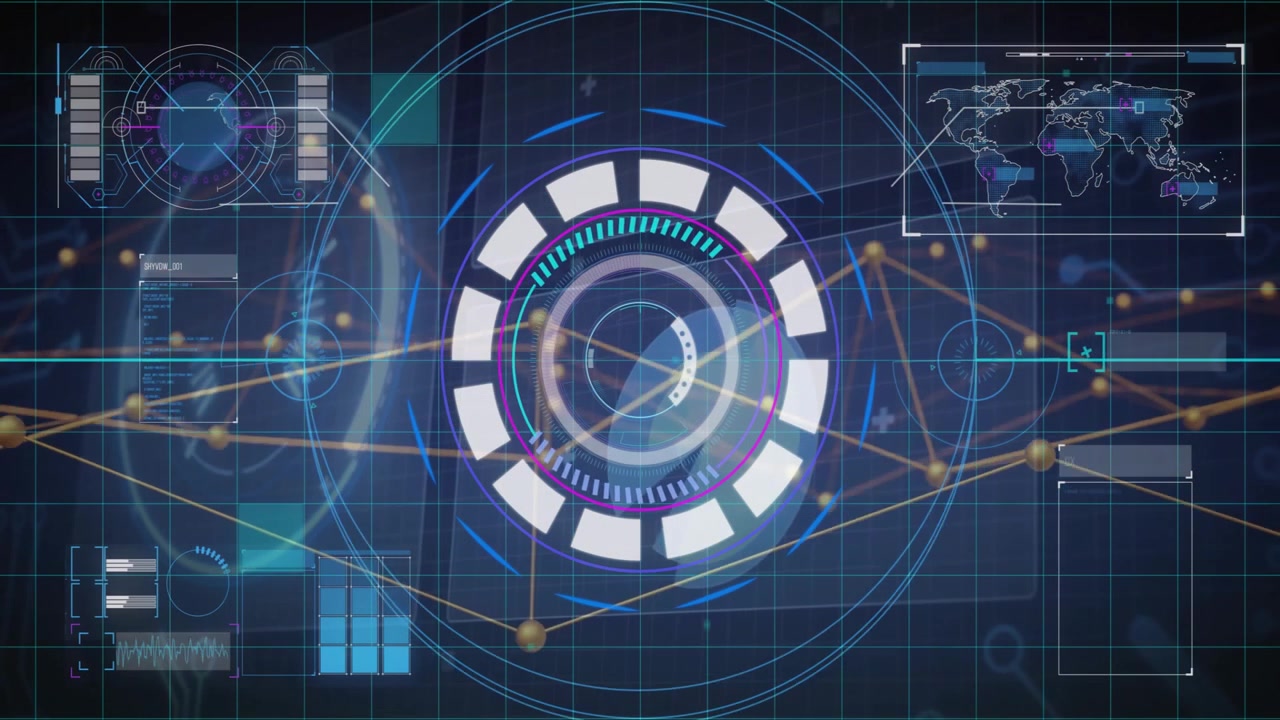 Animated futuristic HUD gauge rotating at center, displaying glowing data panels and network lines