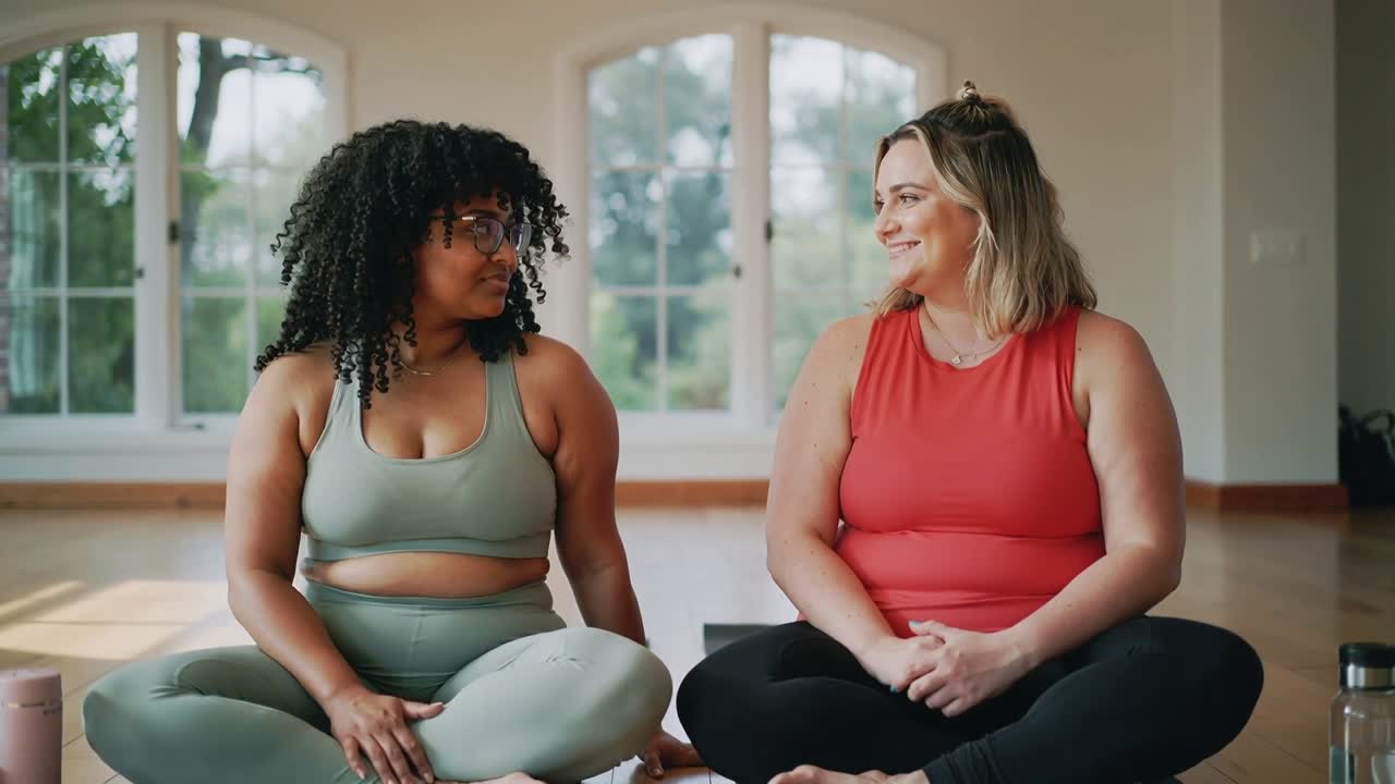 To kvinder sidder på yogamåtter, kigger på hinanden og starter en venlig samtale, mens de opsummerer sessionen.