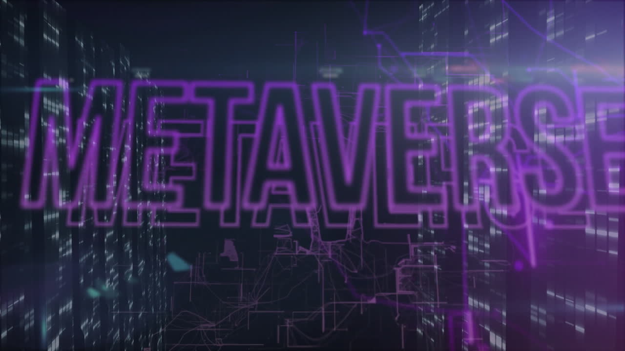 Glowing purple METAVERSE text over digital cityscape with network animation