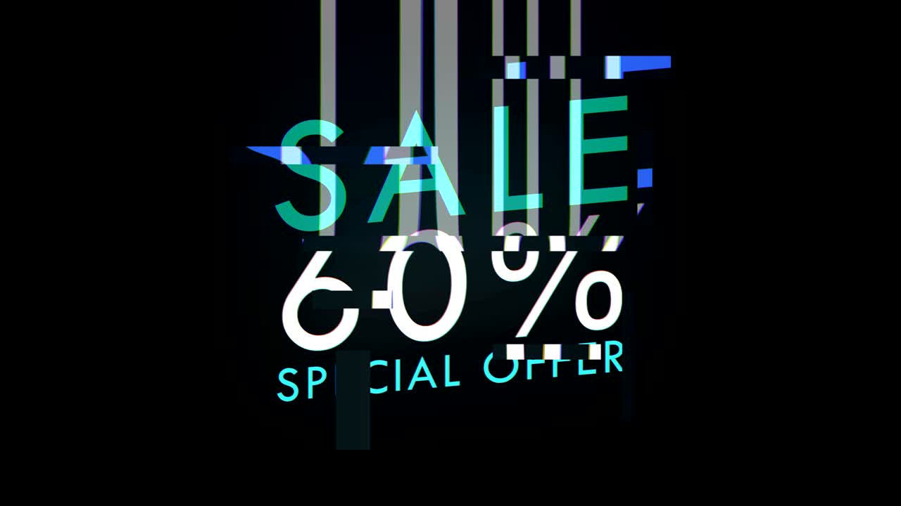 SALE 60% OFF and special offer. sale promotion advertisement glitch text twitched effect loop background. deals price tag for discount clearance on online shopping. signal digital glitch. 4k motion