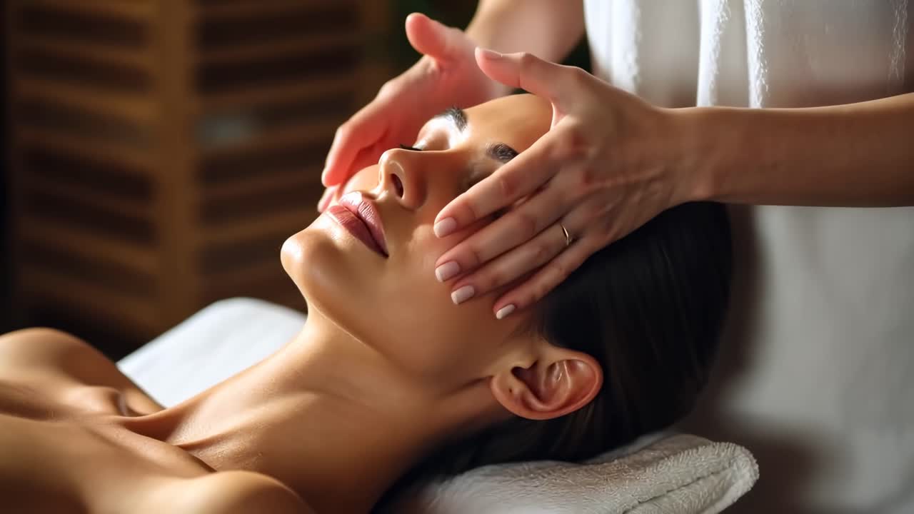 Close-up video of a woman receiving a facial massage, captured from a high angle
