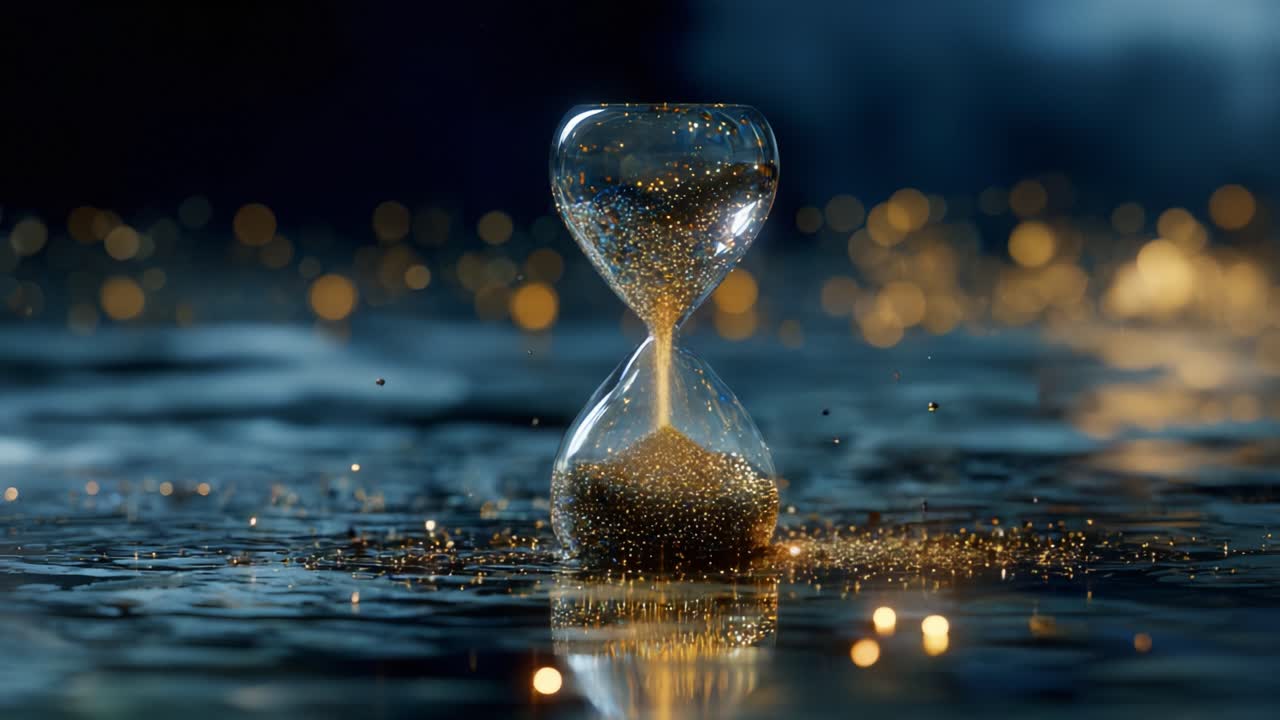 The Eternal Passage of Time: A Mesmerizing Hourglass Glimmering with Sparkling Gold Dust Reflects the Beauty and Transience of Life Against a Serene Background