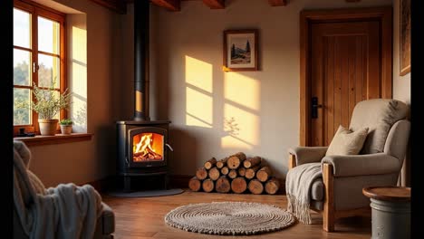 cozy rustic living room with wood stove