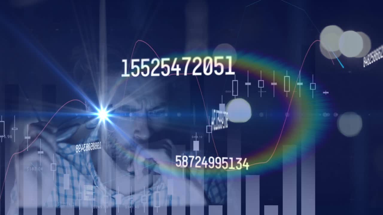 animación del hombre cansado usando computadora, registro de estadísticas y procesamiento de datos financieros