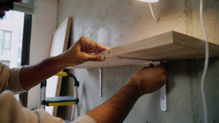 Placing wooden shelf, man in rolled sleeves aligning and tightening screw in metal bracket at home