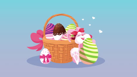 happy easter card with cute female rabbit and eggs painted in basket