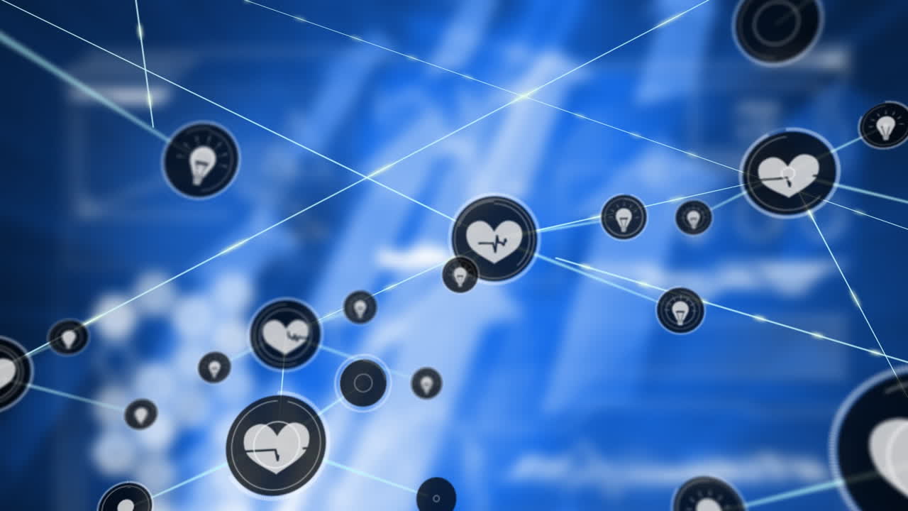 심장 모양의 스 트레이스 및 디지털 라인을 통해 연결되는 전구 표지판의 애니메이션