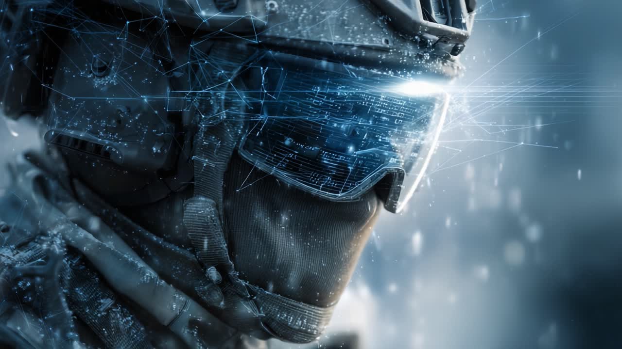 Un Soldato Futuristico con Equipaggiamento Avanzato e Visiera High-Tech Luminosa in un Paesaggio Digitale Dinamico, Sottolineando Tecnologia, Precisione e Strategie di Guerra Moderne