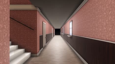 abstract interior inside hotel building. animation. camera moving through the 3d model of a hall with windows, doors and walls, design and architecture concept, seamless loop