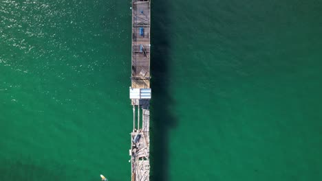 una vista de arriba hacia abajo sobre un muelle de madera en el océano en fort lauderdale, florida en un día soleado