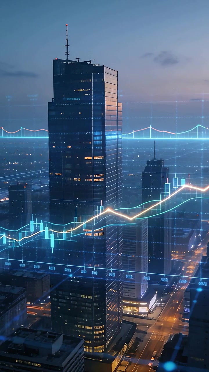 Video verticale: Aggiornamento dati di mercato con linea al neon in movimento sopra l'antenna di una torre cittadina al tramonto, che mostra un aumento