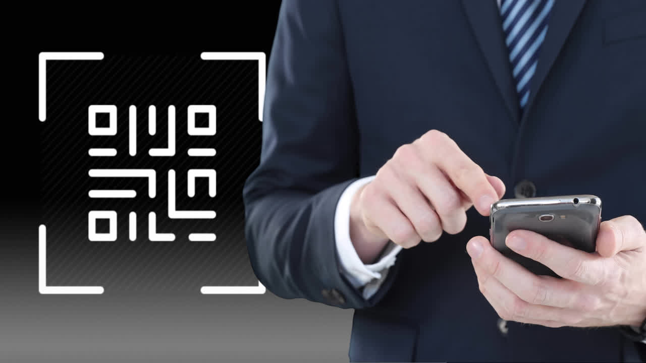Animation of qr code and businessman using smartphone