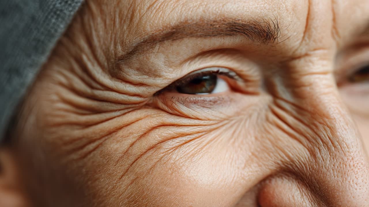 A close-up of an elderly woman's face showcases the rich textures of her skin, highlighting her years of wisdom, joyful expressions, and the beauty of aging gracefully
