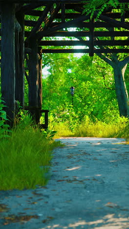 serene park pathway under wooden gazebo