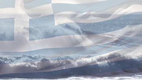 animation of flag of greece blowing over waves in sea