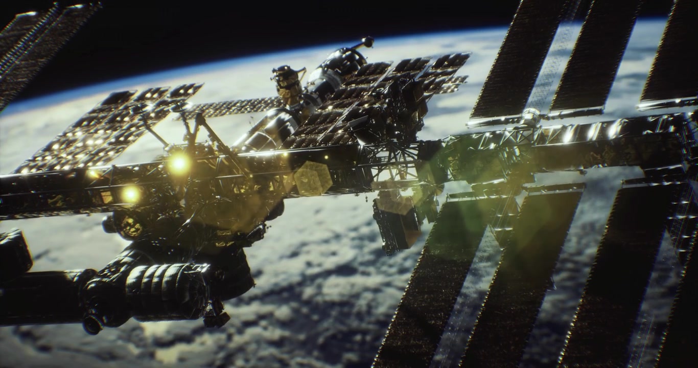 Satellite complex orbits earth while illuminated by the sun