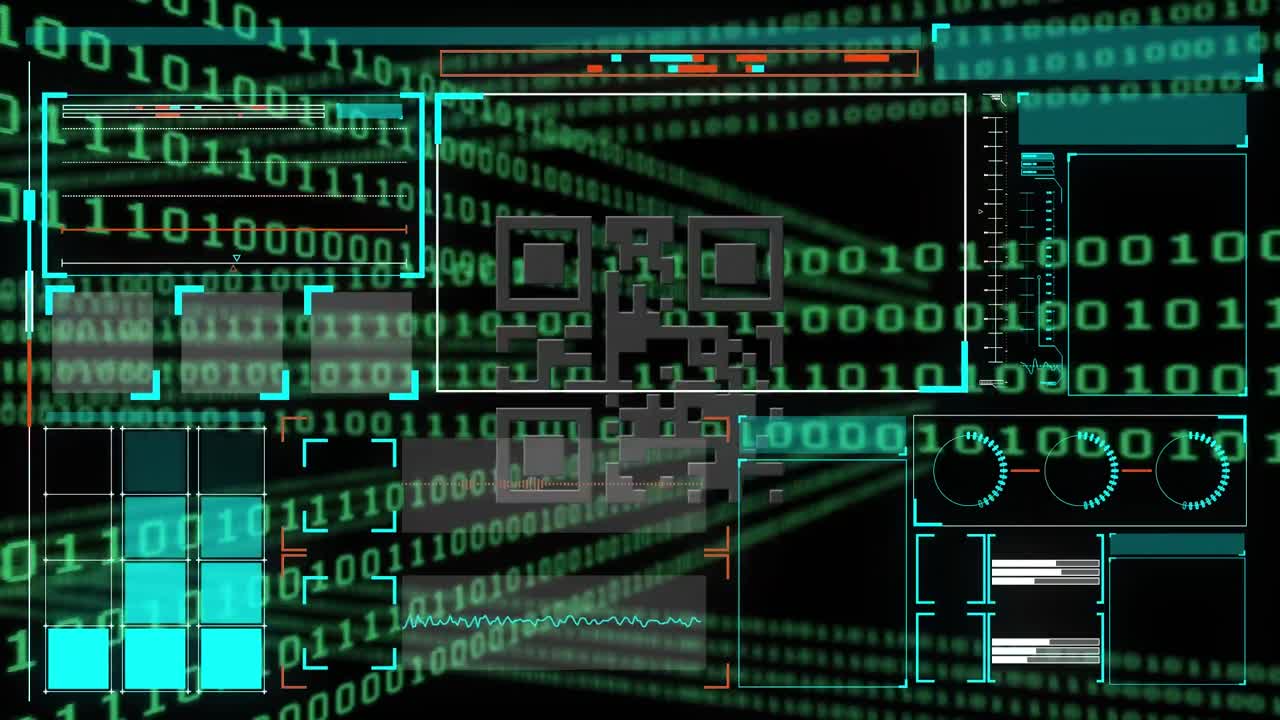 animación del procesamiento de datos y el código qr sobre pantallas