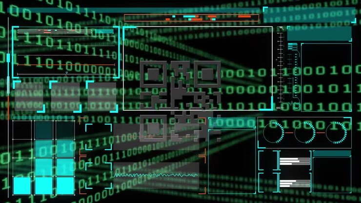 Animation of data processing and qr code over screens