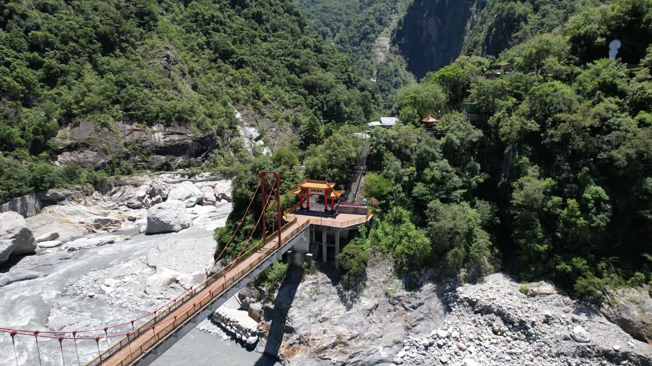 Aerial view of Xiangde Temple and the beautiful entrance bridge in Taroko National Park, Hualien county district, Taiwan