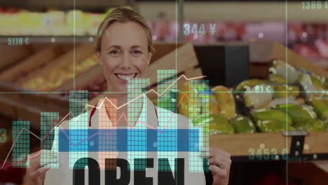 holding open sign, smiling woman with financial data animation in grocery store background