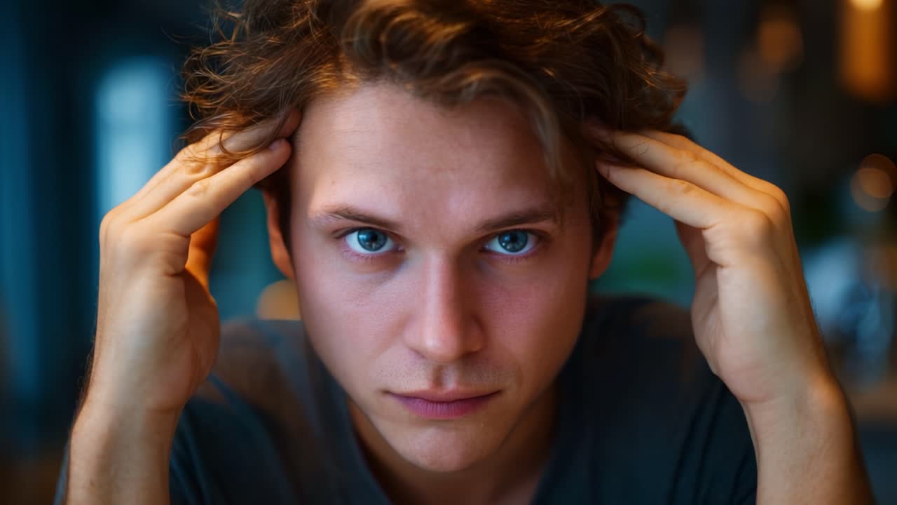 Un giovane uomo pensieroso con i capelli arruffati, che guarda intensamente nella fotocamera esprimendo un mix di concentrazione e tensione in un ambiente caldo e leggermente illuminato