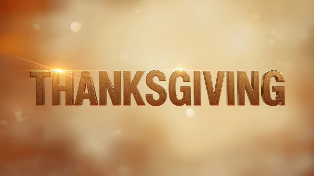 Appearing left, flare sweeping across center THANKSGIVING letters in studio making glints and bokeh
