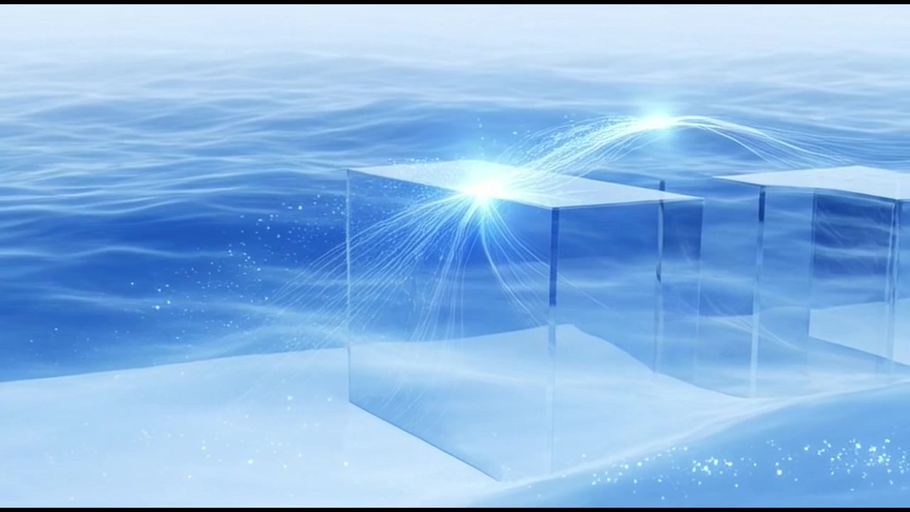 抽象玻璃立方體，流動光粒子於水面之上