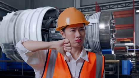 close up of asian female engineer with safety helmet showing thumbs down gesture and shaking her head while standing with airplane engine maintenance conducted