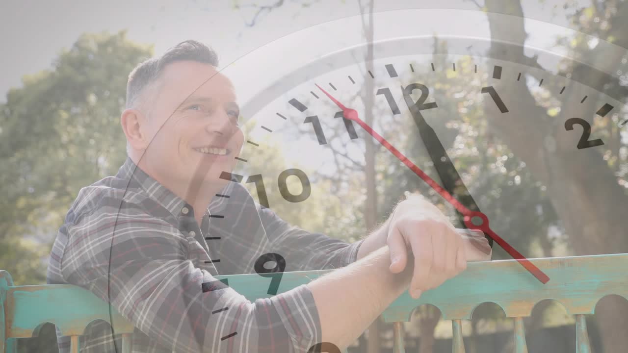 Middle-aged man shifting posture on bench while clock overlay advancing business time focus in park