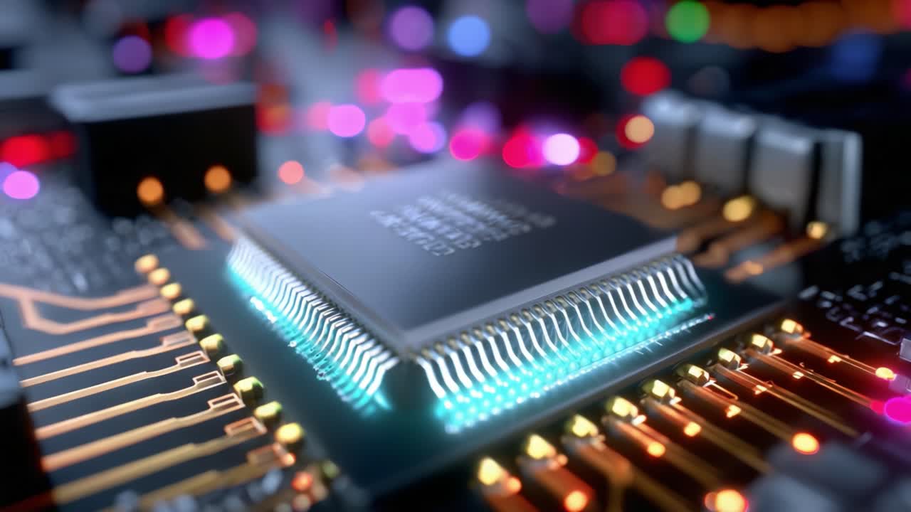 Exploring the Intricacies of a Microprocessor on a Circuit Board: A Close-Up Examination of Electronic Components with Vibrant Lighting Effects in a High-Tech Environment