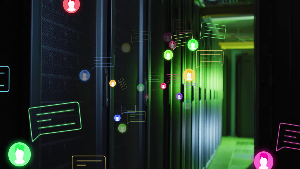 Animation of media icons over server room