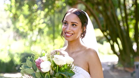 happy bride, thinking and flower bouquet outdoor