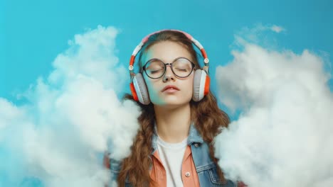 teenage girl listening to music in clouds