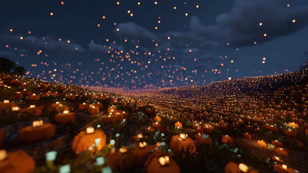 A breathtaking view of a vast field adorned with glowing pumpkins and twinkling lights under a starlit sky, creating a magical and enchanting atmosphere at dusk