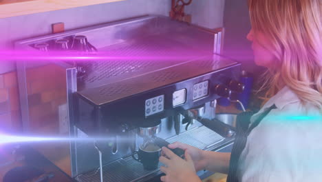 animación de puntos de luz sobre una mujer caucásica preparando café en una cafetería