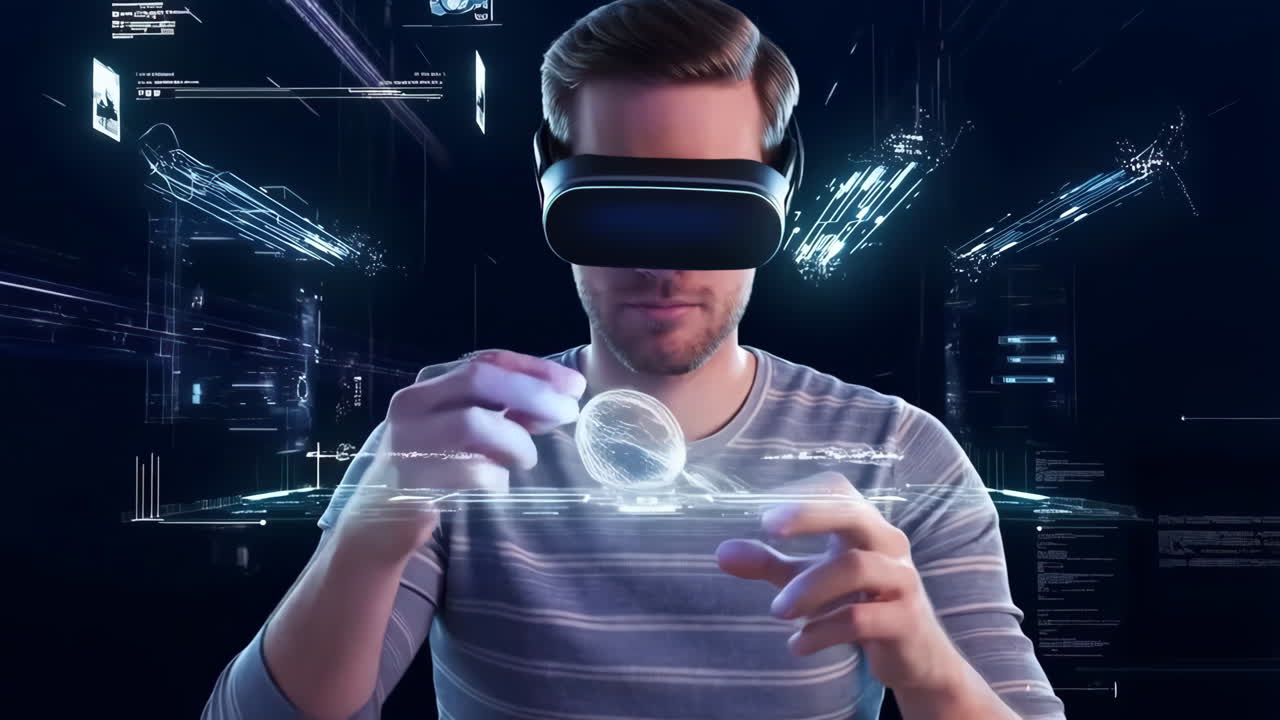 Man Interacting with Virtual Reality and Holographic Elements