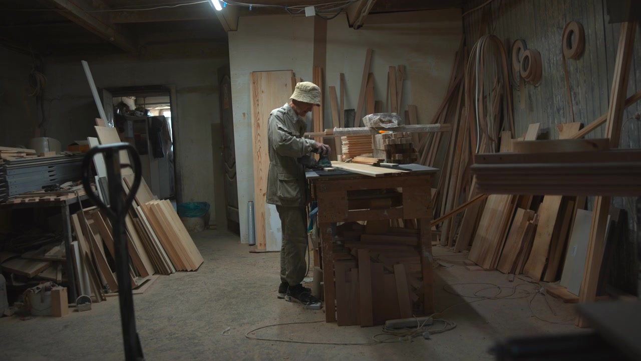 Anonymous woodworker uses handheld power sander on long wooden plank at central workbench inside cluttered workshop, surrounded by timber offcuts, storage shelves, concrete floor and industrial